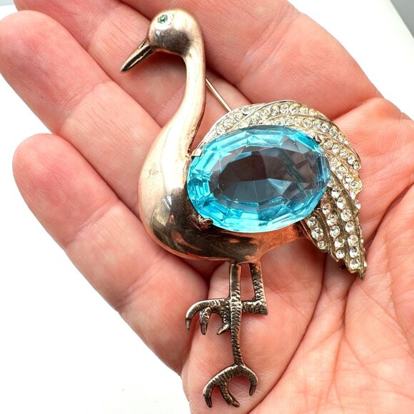 Vintage Antique Blue Glass Sterling Silver Stork Brooch Pin Stunning Big 3 Inch - Picture 1 of 5